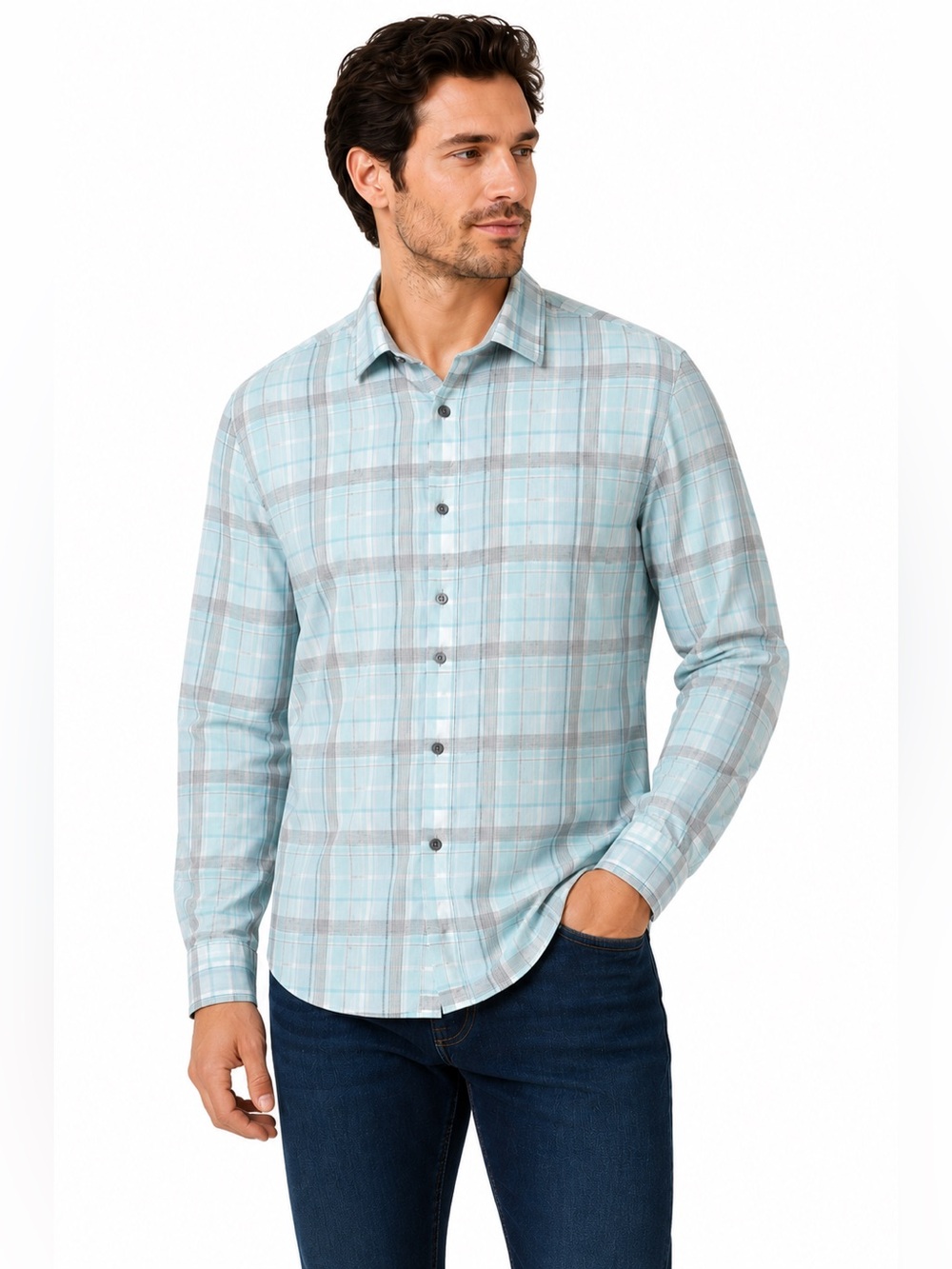 Aqua Gray XL Plaid Button Down Shirt Reg Fit Casual‎ Career Father’s Day Gift